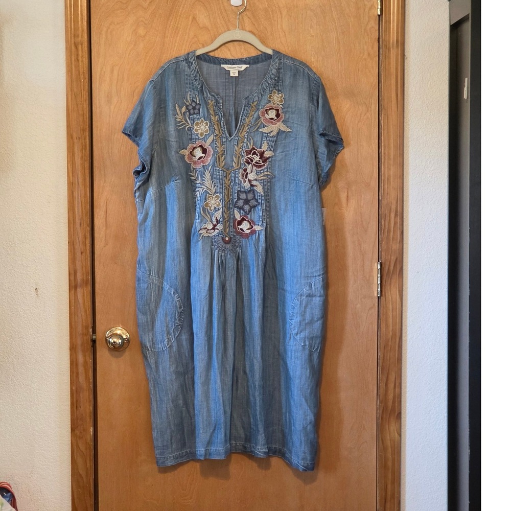 Coldwater Creek Embroidered Tencel Boho Shift Dress Blue Floral Plus 2X Pocket